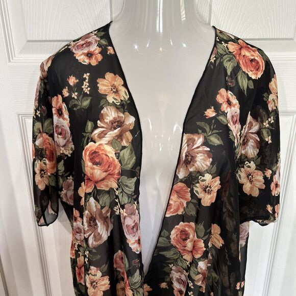 Try! This Women's S Kimono Blouse Black & Pink Floral Semi Sheer Cardigan - Picture 5 of 8